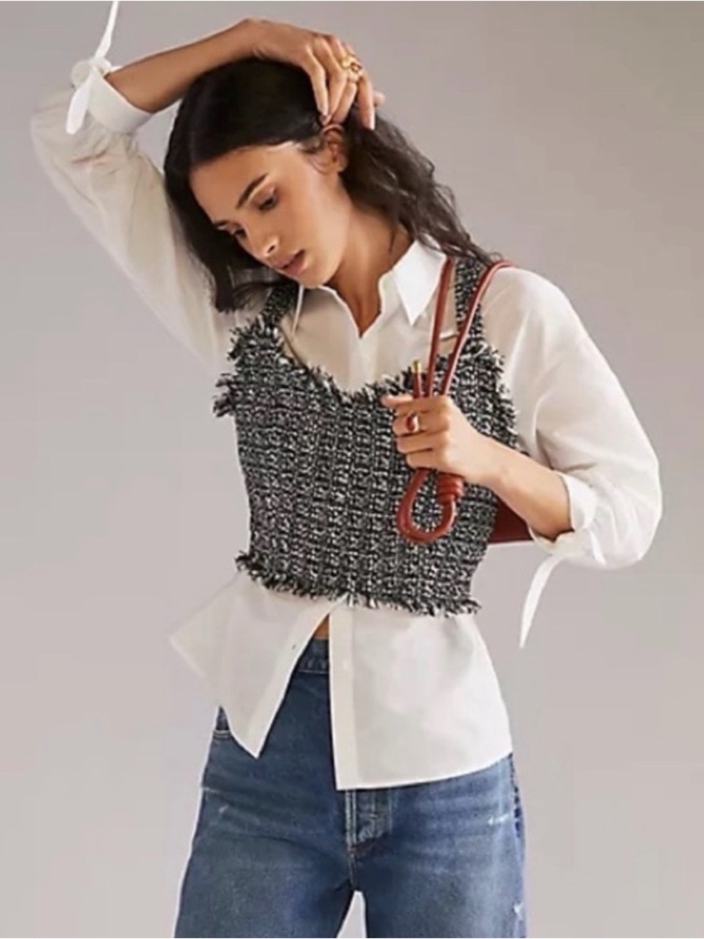 Anthropologie Black & White Frayed Tweed Cropped Cami